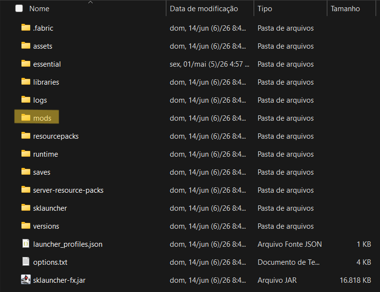 Pasta do minecraft aberta no Windows mostrando várias pastas