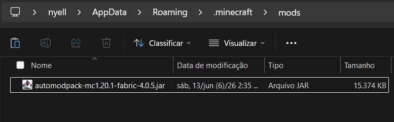 Arquivo do AutoModpack colado na pasta mods vazia