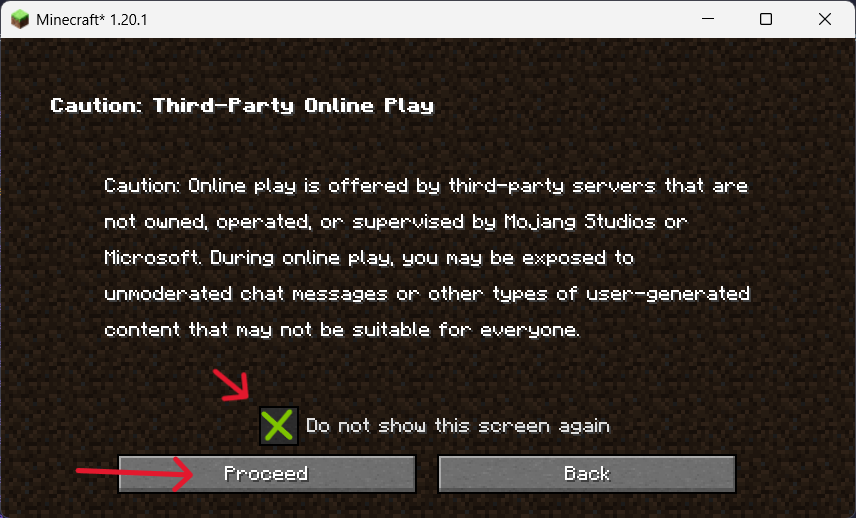Aviso do Minecraft sobre jogos online e servidores de terceiros