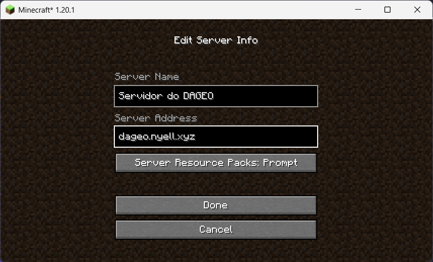 Tela de adicionar servidor no Minecraft com IP e nome preenchidos