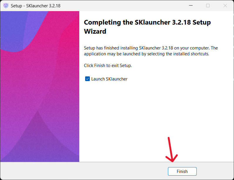 Tela final da instalação do SKlauncher