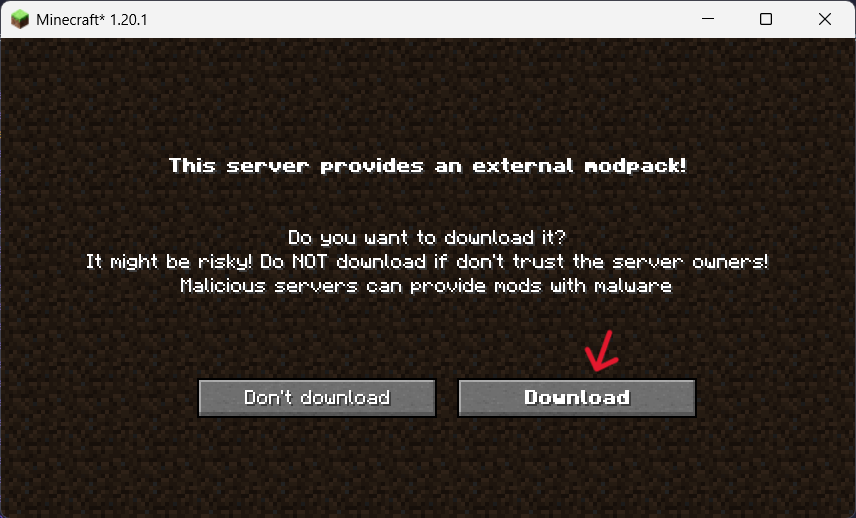 Tela perguntando se deseja fazer o download do modpack fornecido pelo servidor
