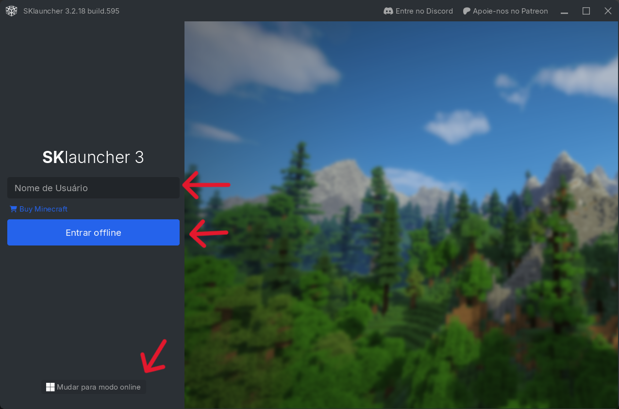 Tela de login offline do SKlauncher pedindo nome de usuário