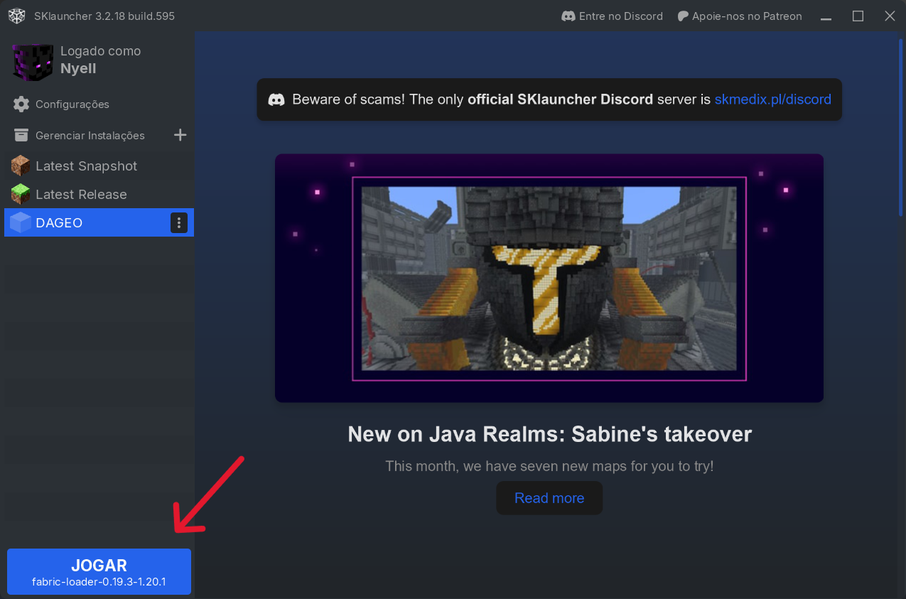 Tela inicial do SKlauncher com botão Jogar em destaque