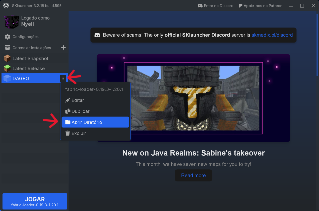 Menu de opções da instalação no SKlauncher com opção Abrir Diretório